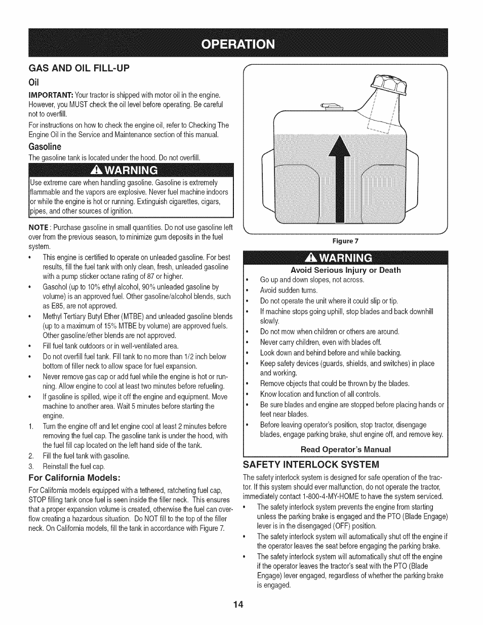 Gas and oil fill-up, Awarning, For california models | Safety interlock system, Operation, Gas and oil fill-up oil, Gasoline | Craftsman 247.28905 User Manual | Page 14 / 92
