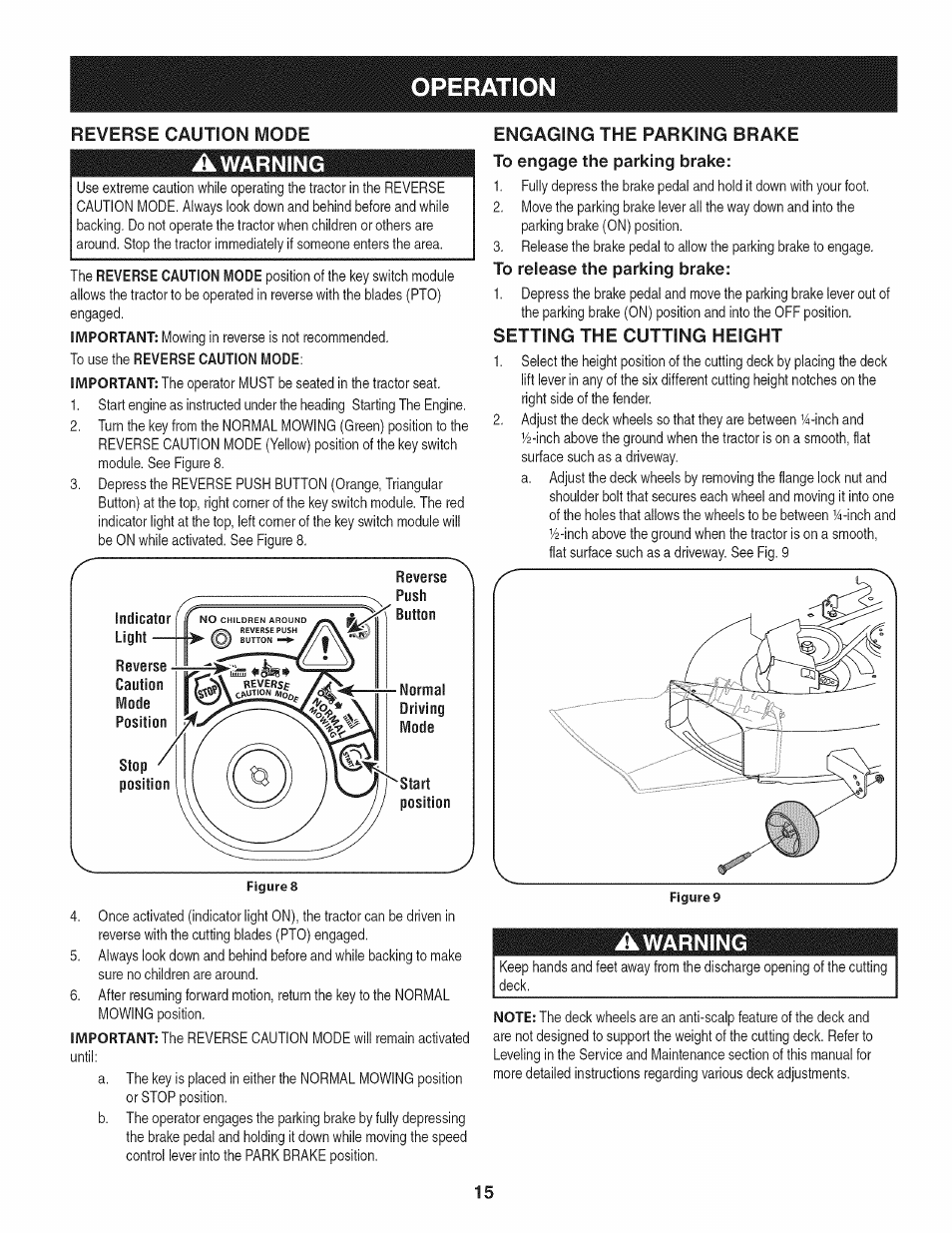 Awarning, Engaging the parking brake, To engage the parking brake | To release the parking brake, Setting the cutting height, Operation, Reverse caution mode | Craftsman 247.28905 User Manual | Page 15 / 92
