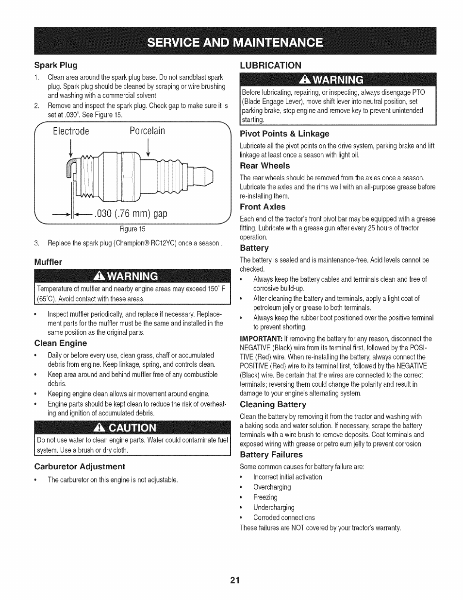 Muffler, Awarning, Clean engine | A caution, Carburetor adjustment, Lubrication, Pivot points & linkage, Rear wheels, Front axles, Battery | Craftsman 247.28905 User Manual | Page 21 / 92