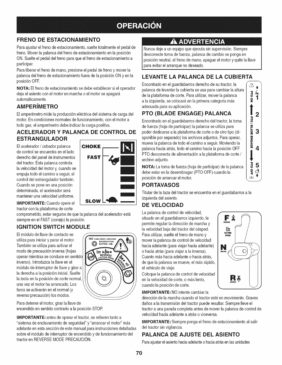 Amperímetro, Acelerador y palanca de control de estrangulador, A advertencia | Ignition switch module, Levante la palanca de la cubierta, Pto (blade engagé) palanca, Portavasos, De velocidad, Palanca de ajuste del asiento, Operacion | Craftsman 247.28905 User Manual | Page 70 / 92