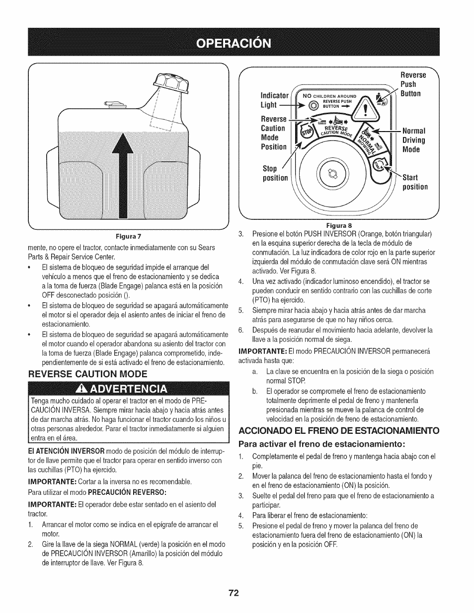 Reverse caution mode, A advertencia, Indicator light | Reverse, Caution, Mode, Position, Stop position, Reverse ^ push, Normal | Craftsman 247.28905 User Manual | Page 72 / 92