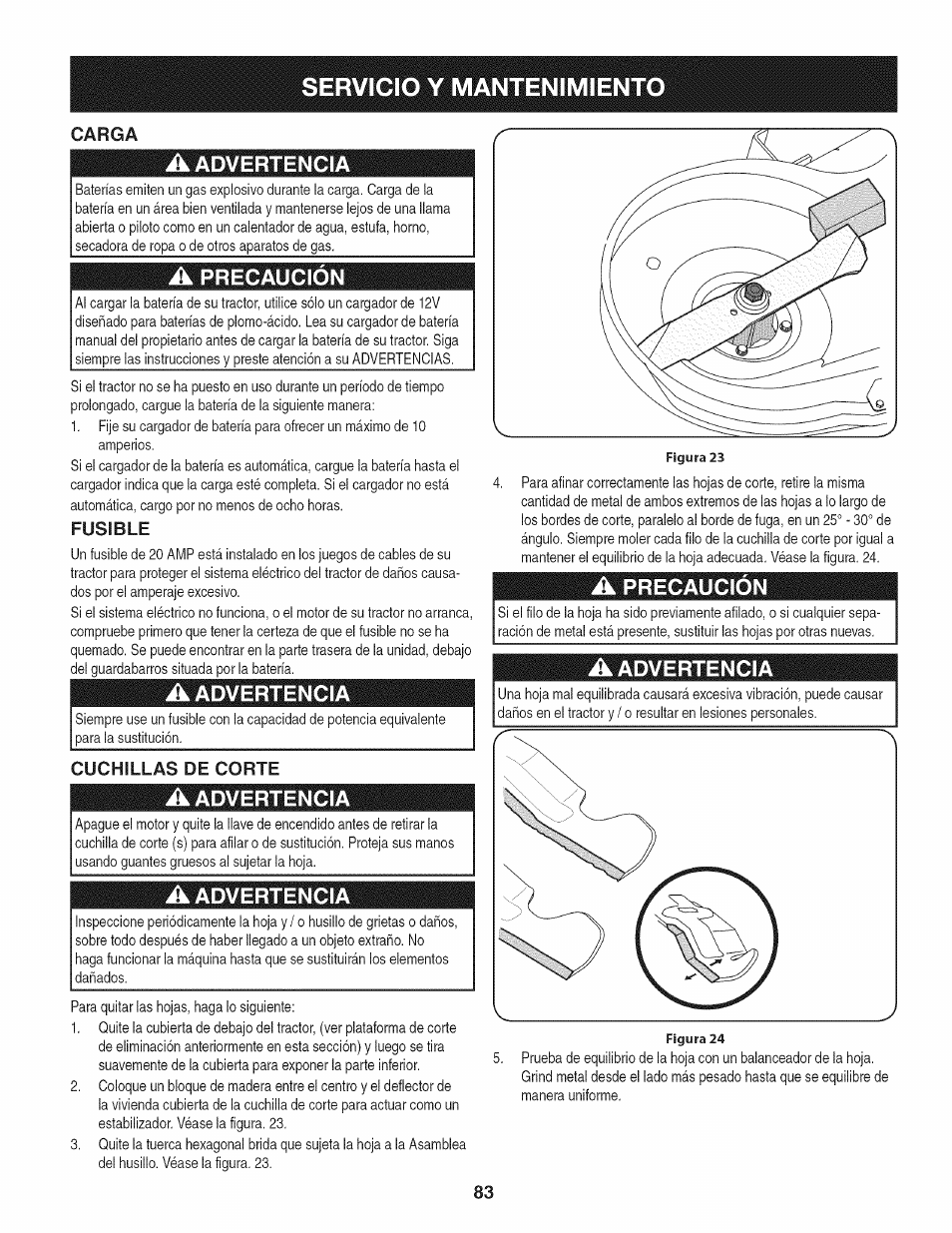 A advertencia, A precaución, Fusible | Cuchillas de corte, Servicio y mantenimiento, Carga | Craftsman 247.28905 User Manual | Page 83 / 92