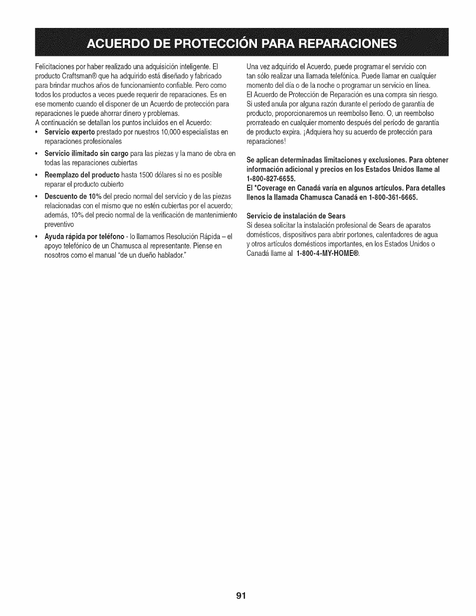 Acuerdo de proteccion para reparaciones | Craftsman 247.28905 User Manual | Page 91 / 92