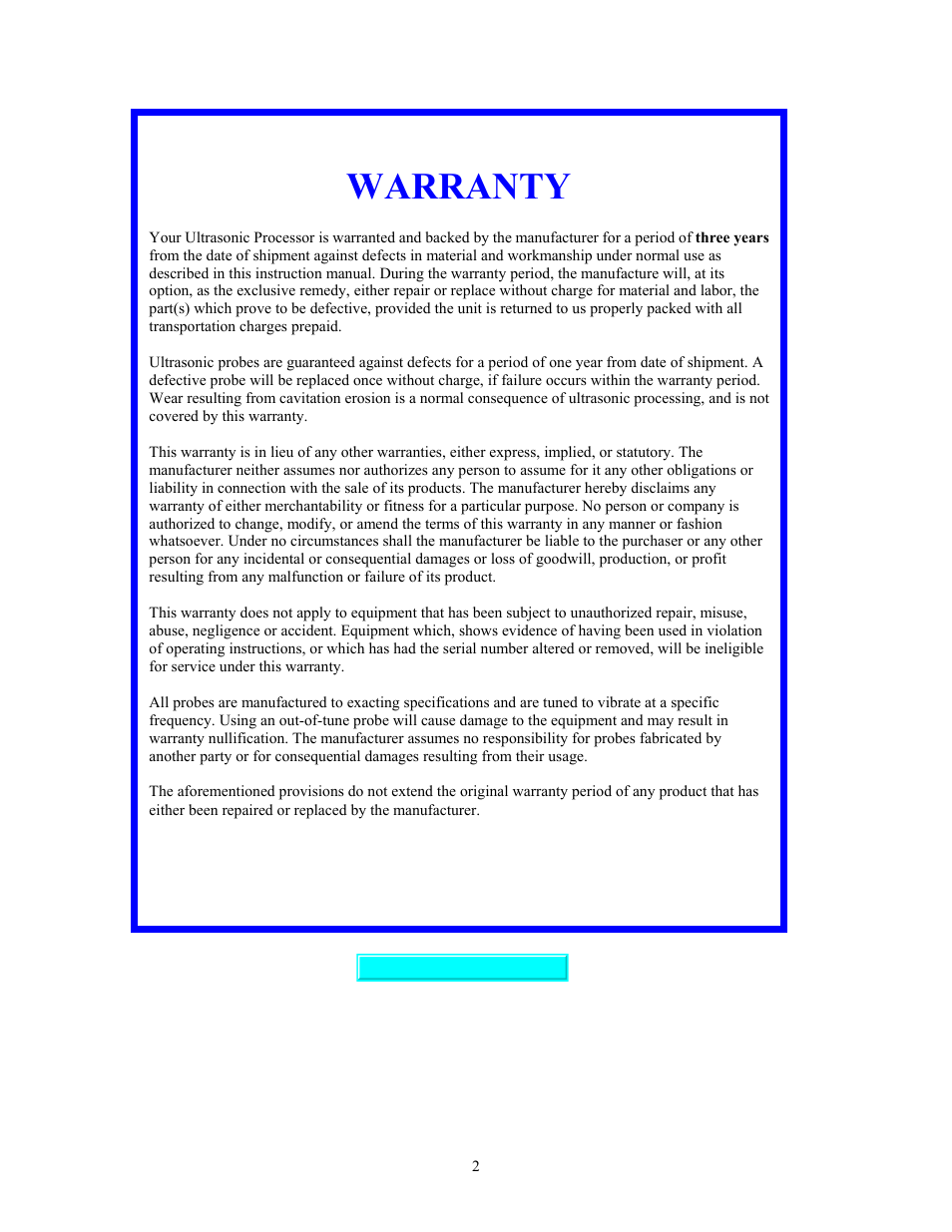 Warranty | Sonics VCX750 (Serial No."X or lower)" User Manual | Page 2 / 27