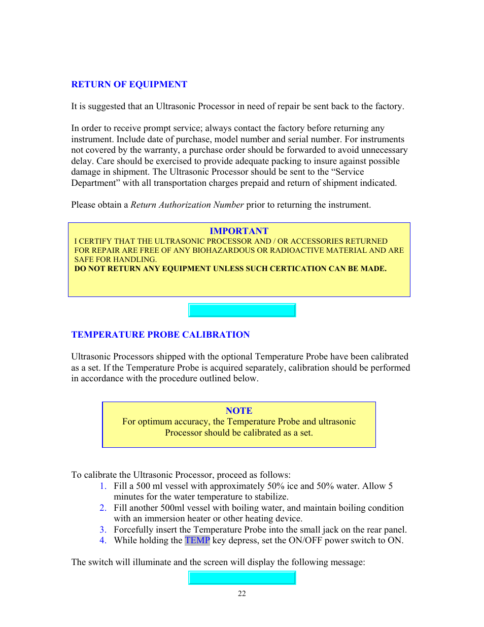 Return of equipment, Temperatur probe calibration, Return of equipment temperature probe calibration | Sonics VCX750 (Serial No."X or lower)" User Manual | Page 22 / 27