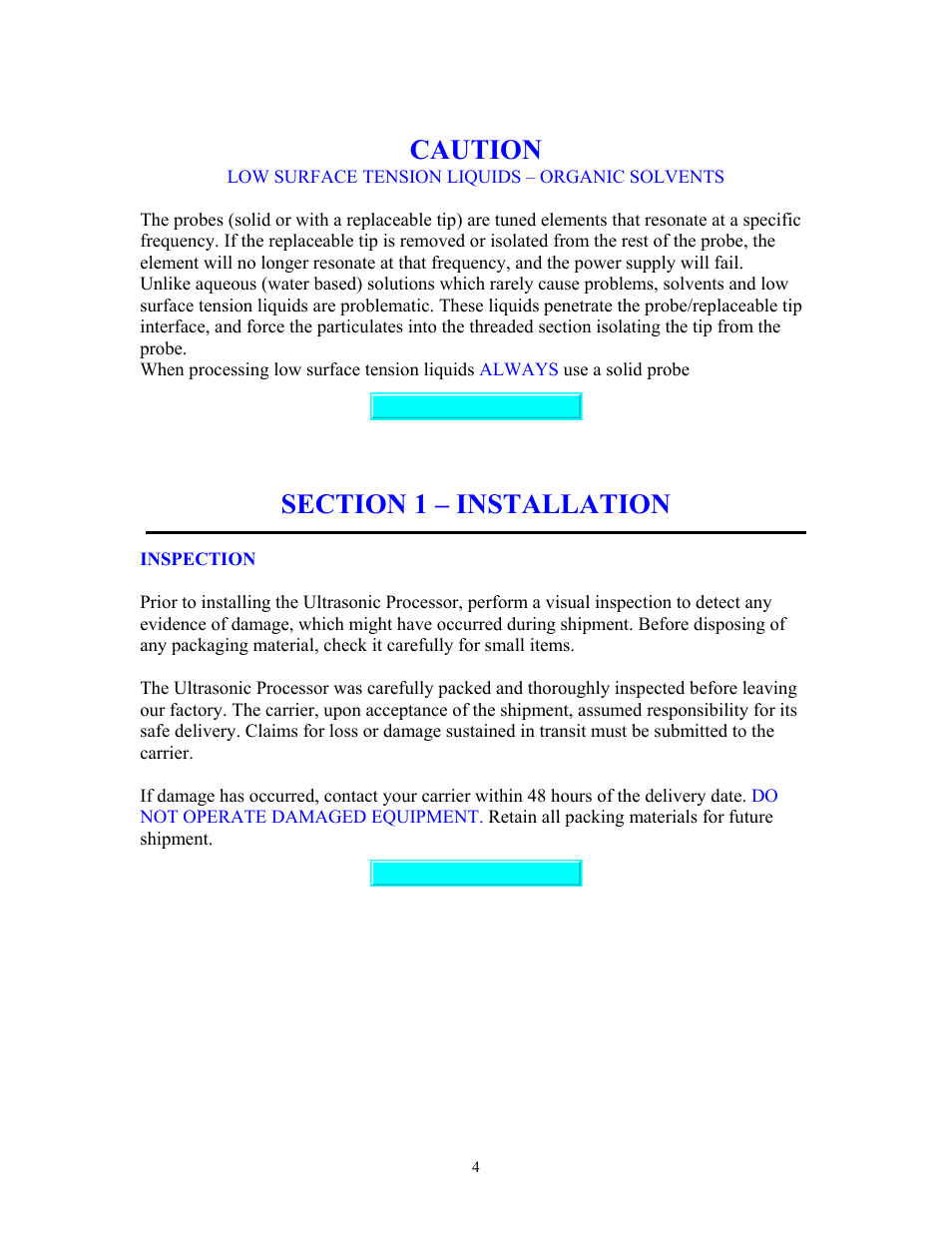 Low surface tension liquids, Installation, Inspection | Low surface tension liquids - organic solvents, Section 1 – installation, Caution | Sonics VCX750 (Serial No."X or lower)" User Manual | Page 4 / 27