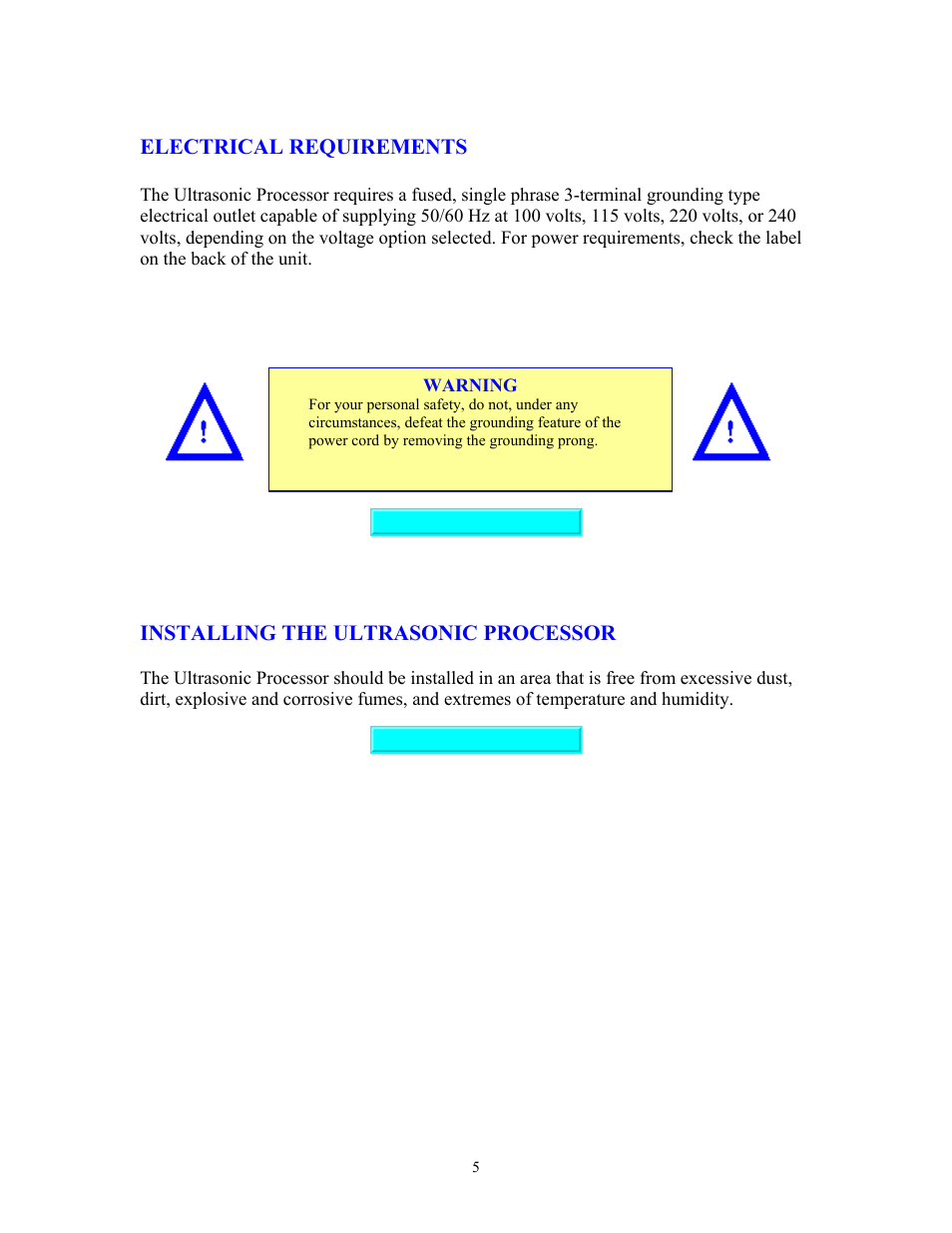 Electrical requirements, Installing the processor | Sonics VCX750 (Serial No."X or lower)" User Manual | Page 5 / 27