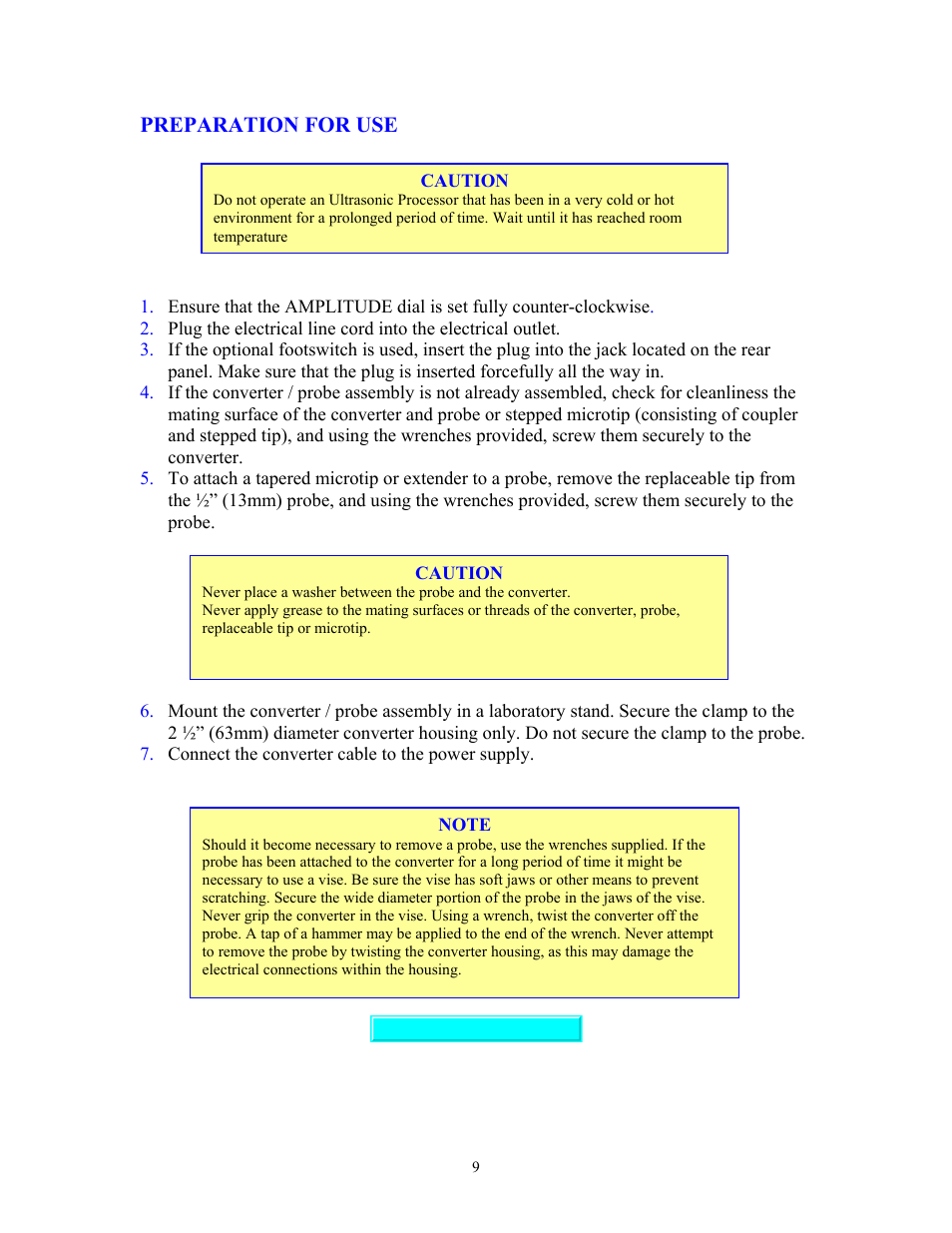 Preparation for user, Preparations for use | Sonics VCX750 (Serial No."X or lower)" User Manual | Page 9 / 27