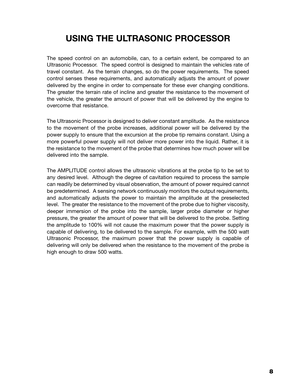 Using the ultrasonic processor | Sonics VCX750 (Serial No."Y through "AB")" User Manual | Page 11 / 31