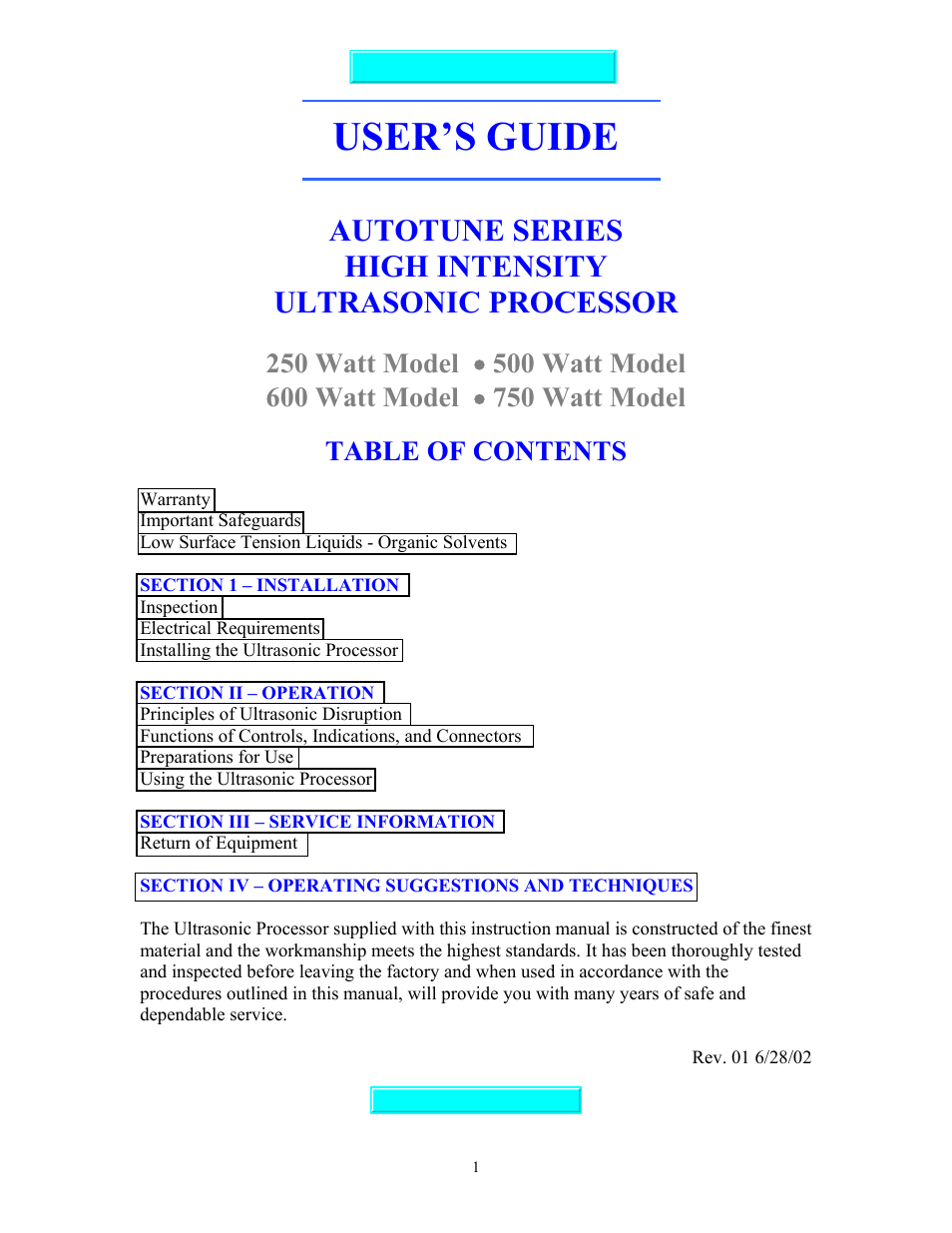 Sonics VC750 (Serial No. "X or lower)" User Manual | 23 pages