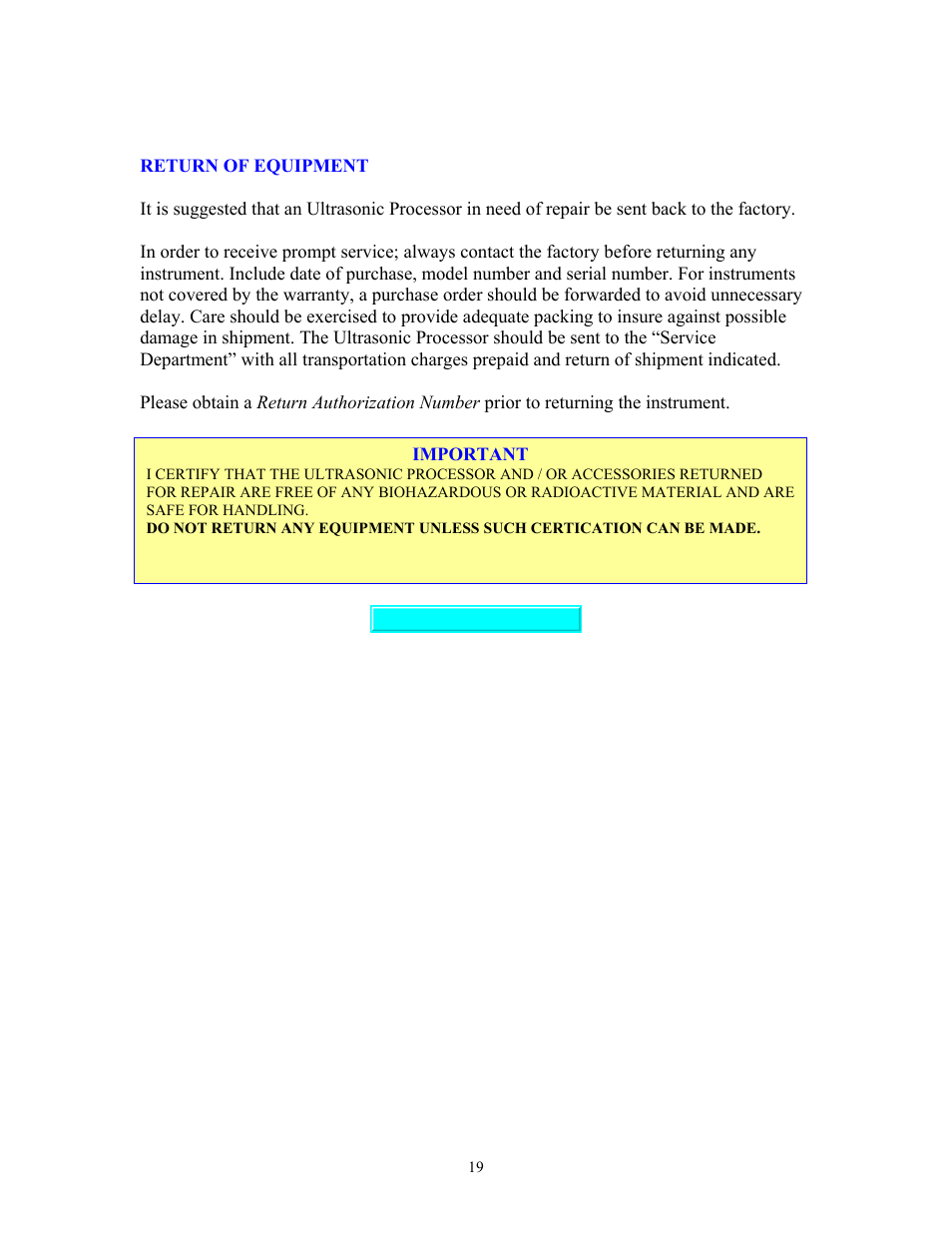 Return of equipment | Sonics VC750 (Serial No. "X or lower)" User Manual | Page 19 / 23