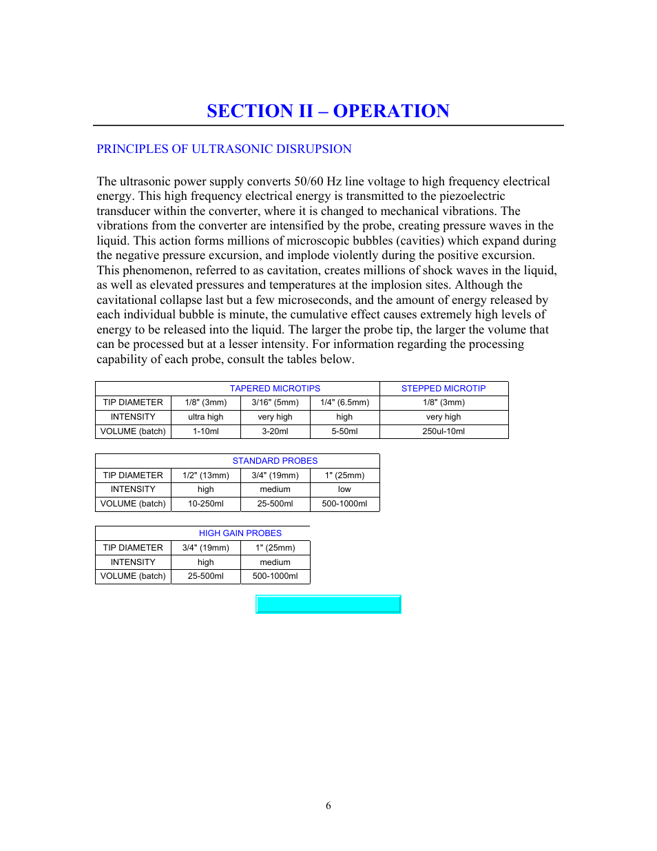 Operation, Section ii – operation, Principles of ultrasonic disruption | Principles of ultrasonic disrupsion | Sonics VC750 (Serial No. "X or lower)" User Manual | Page 6 / 23