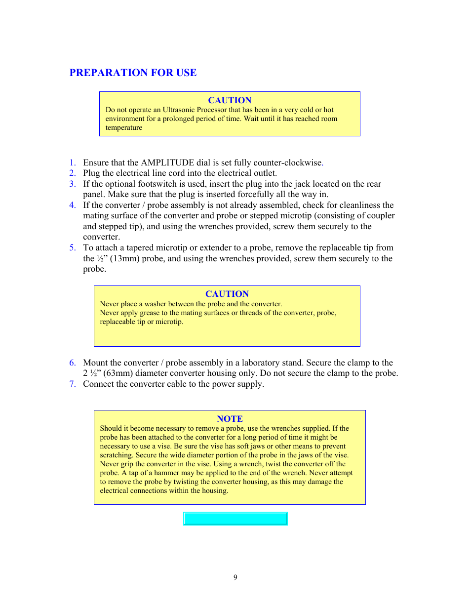 Preparation for use, Preparations for use | Sonics VC750 (Serial No. "X or lower)" User Manual | Page 9 / 23