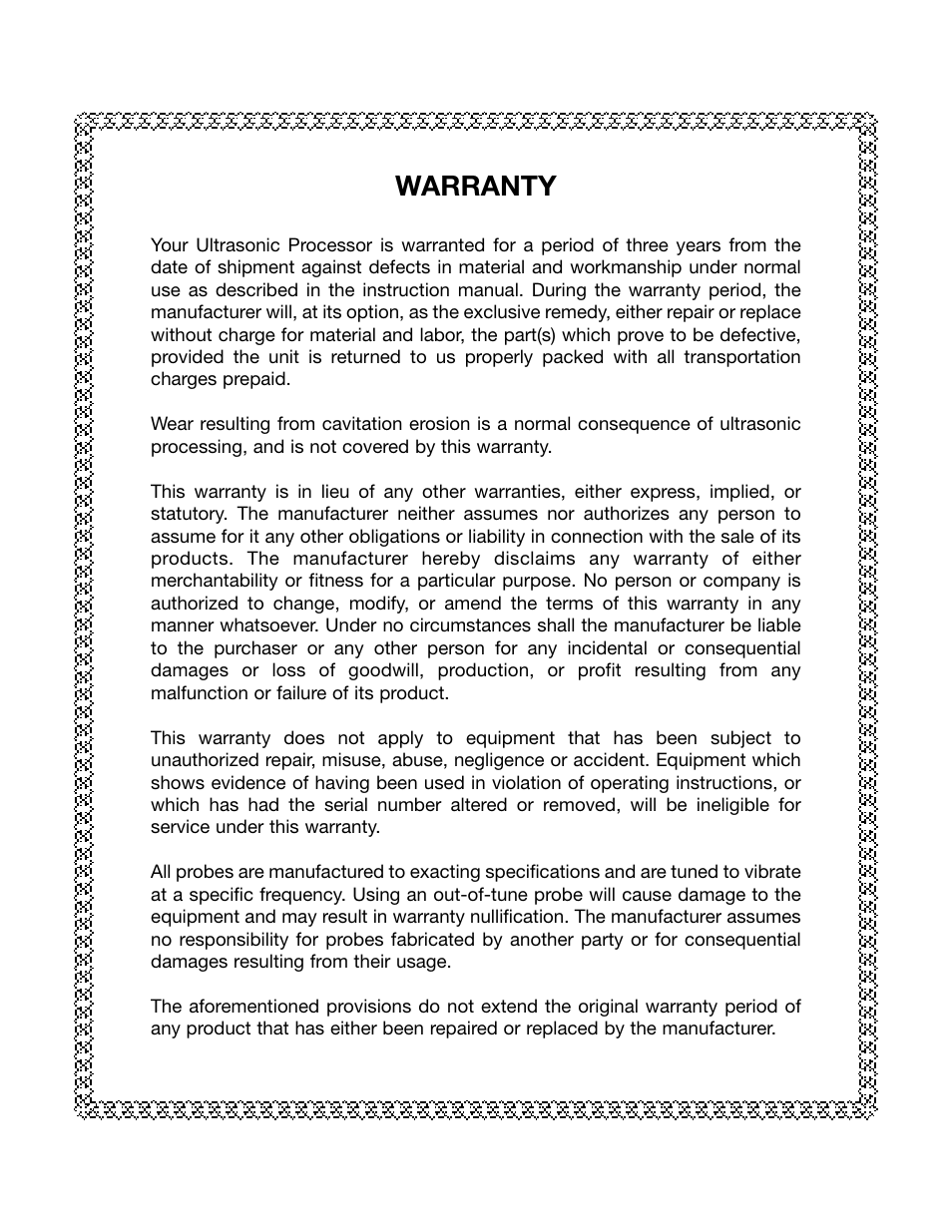 Warranty | Sonics VC750 (Serial No. "Y  through "AB")" User Manual | Page 2 / 29