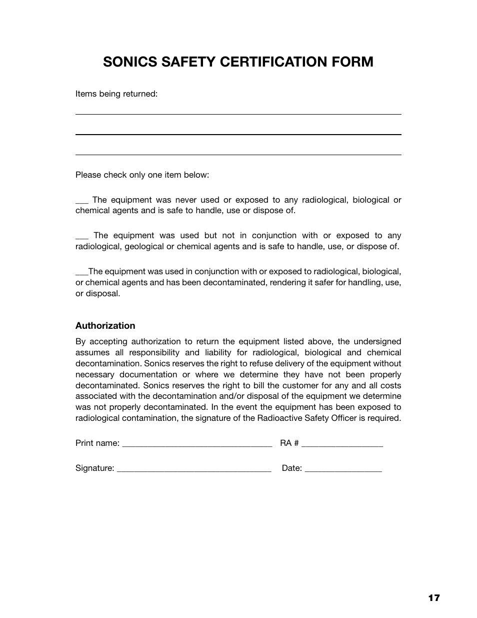Sonics safety certification form | Sonics VC750 (Serial No. "Y  through "AB")" User Manual | Page 20 / 29