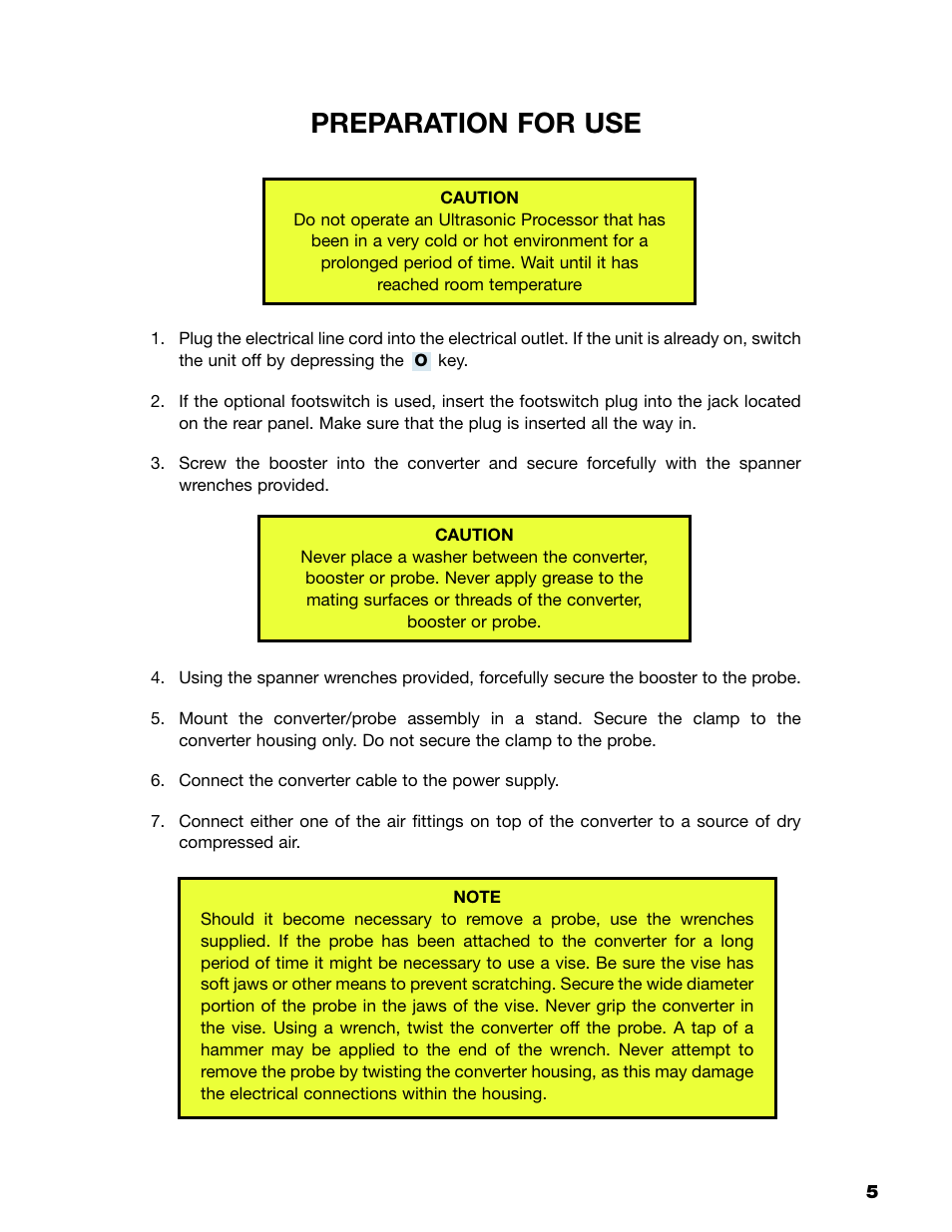 Preparation for use | Sonics VC750 (Serial No. "Y  through "AB")" User Manual | Page 8 / 29