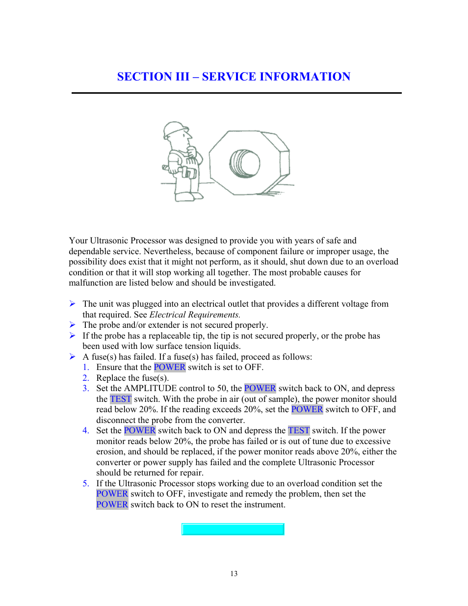 Service information, Section iii – service information | Sonics VCF1500 User Manual | Page 13 / 14