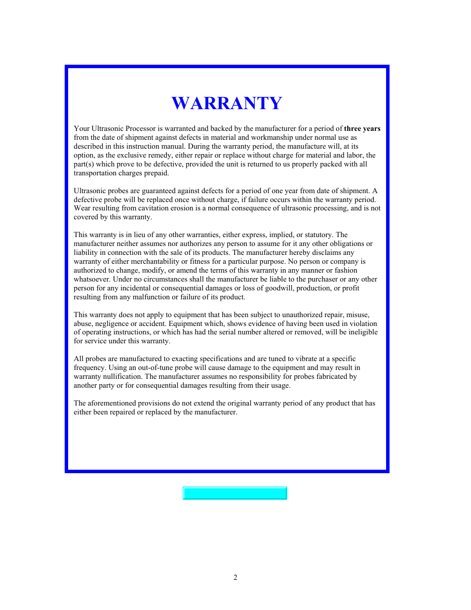 Warranty | Sonics VCF1500 User Manual | Page 2 / 14