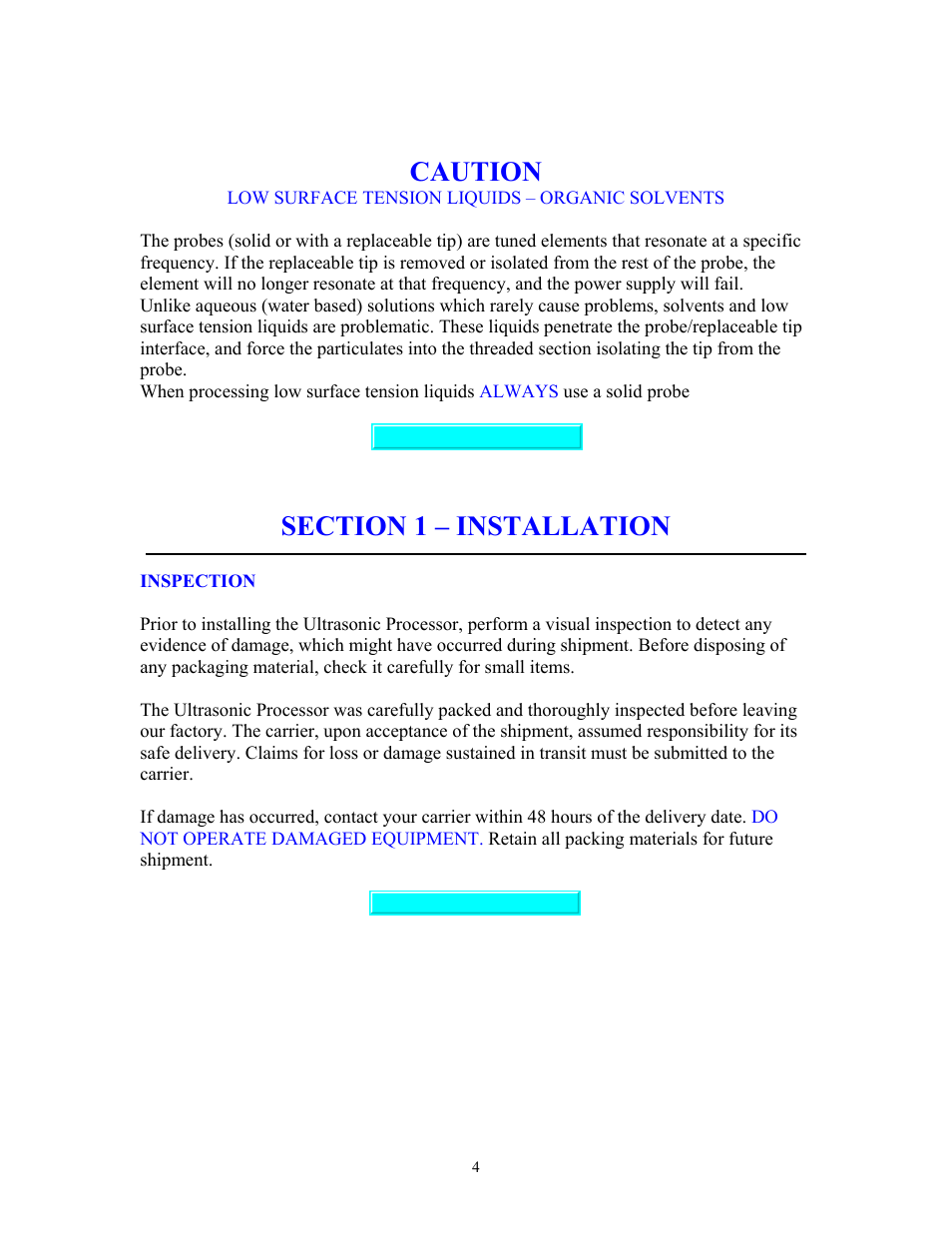 Low surface tension liquids, Installation, Inspection | Low surface tension liquids - organic solvents, Section 1 – installation, Caution | Sonics VCF1500 User Manual | Page 4 / 14