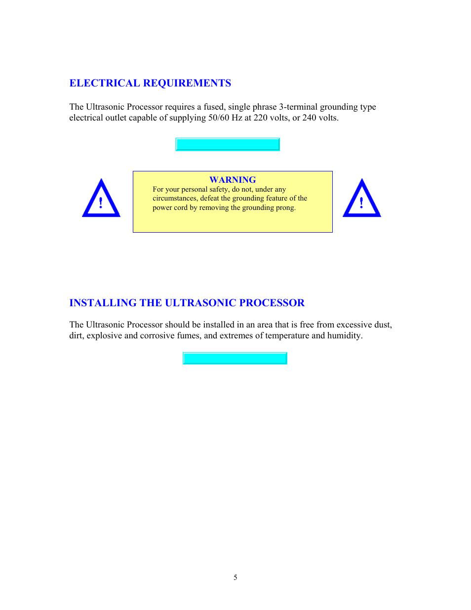 Electrical requirements, Installing the ultrasonic processor | Sonics VCF1500 User Manual | Page 5 / 14