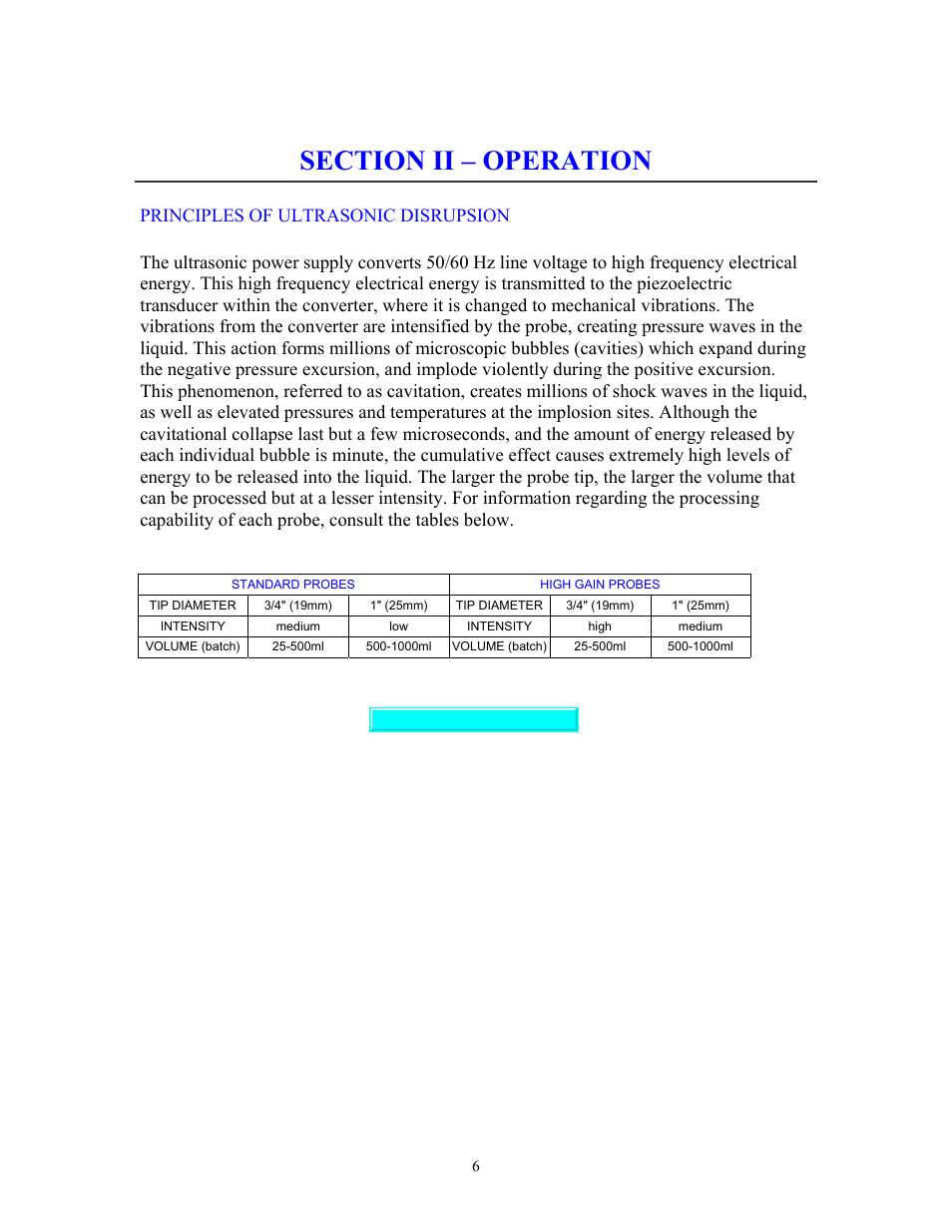 Operation, Principles of ultrasonic disruption, Section ii – operation | Sonics VCF1500 User Manual | Page 6 / 14