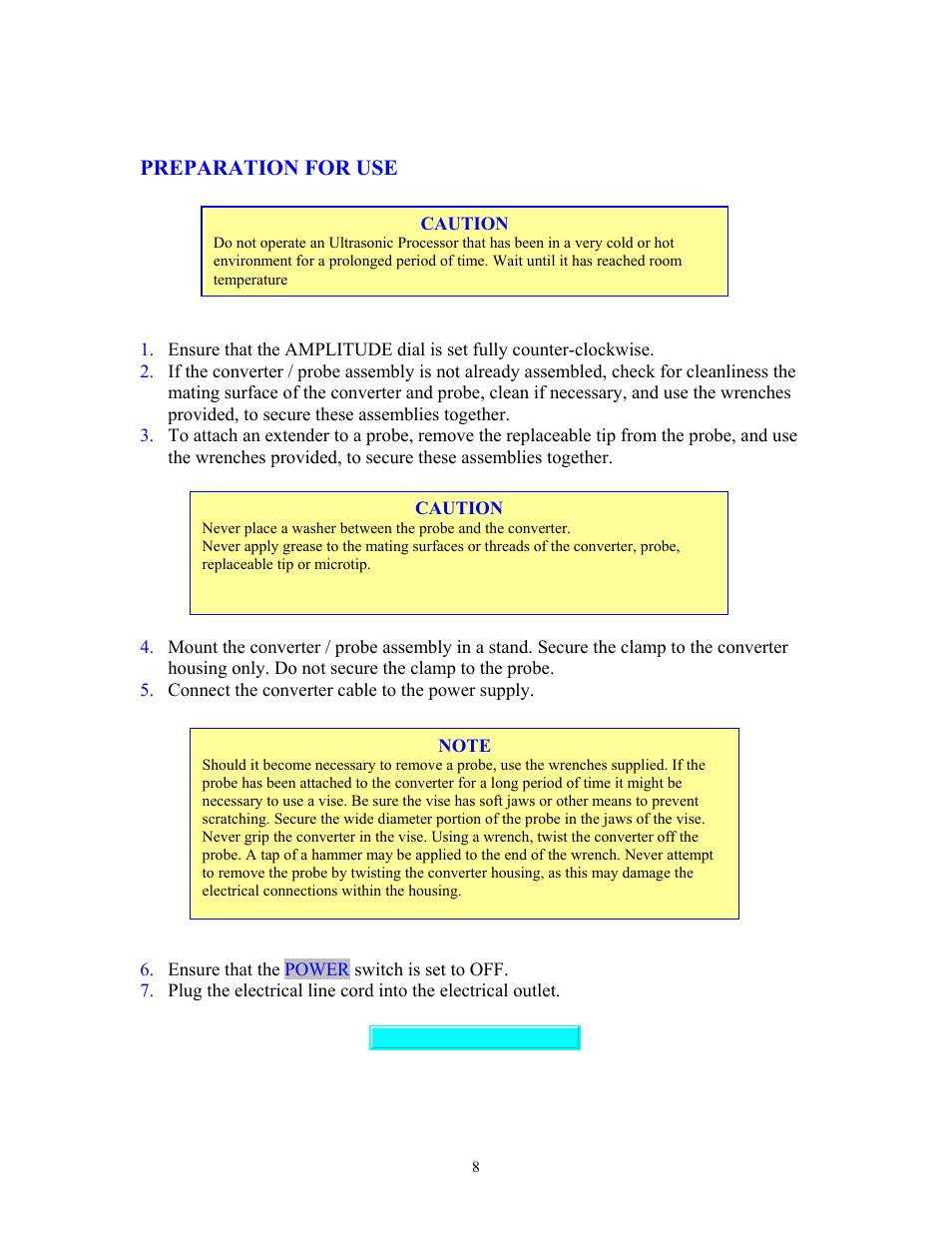 Preparations for use | Sonics VCF1500 User Manual | Page 8 / 14