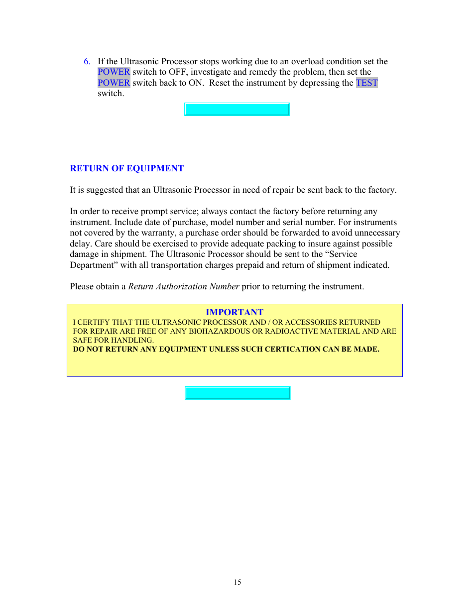 Return of equipment | Sonics VCF1500HV User Manual | Page 15 / 15