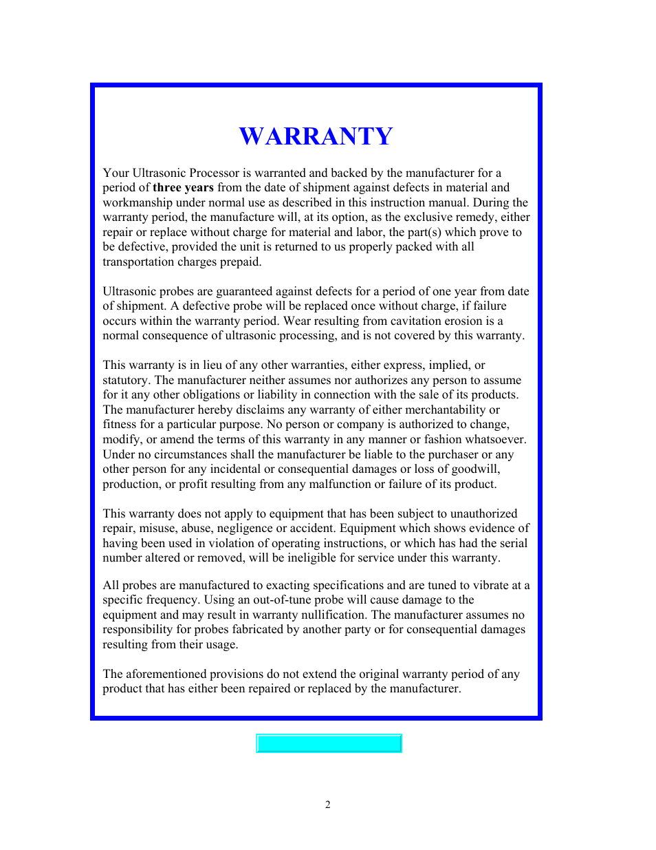 Warranty | Sonics VCF1500HV User Manual | Page 2 / 15