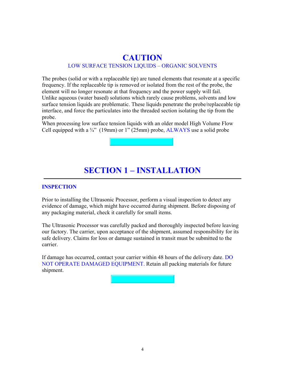 Low surface tension liquids, Installation, Inspection | Low surface tension liquids - organic solvents, Section 1 – installation, Caution | Sonics VCF1500HV User Manual | Page 4 / 15