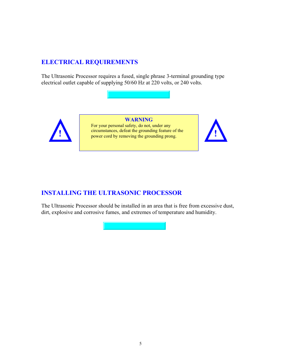 Electrical requirements, Installing the processor | Sonics VCF1500HV User Manual | Page 5 / 15