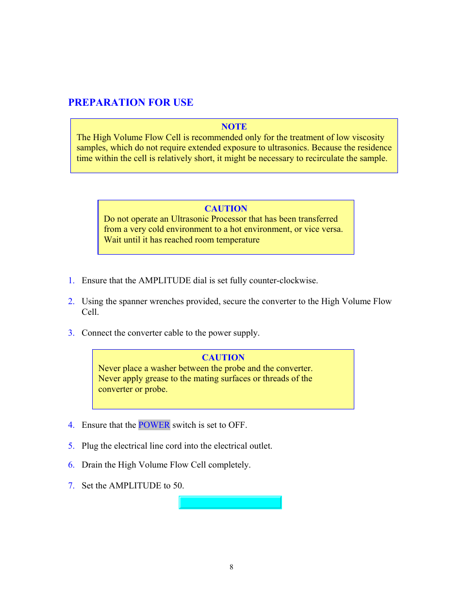 Preparation for use, Preparations for use | Sonics VCF1500HV User Manual | Page 8 / 15