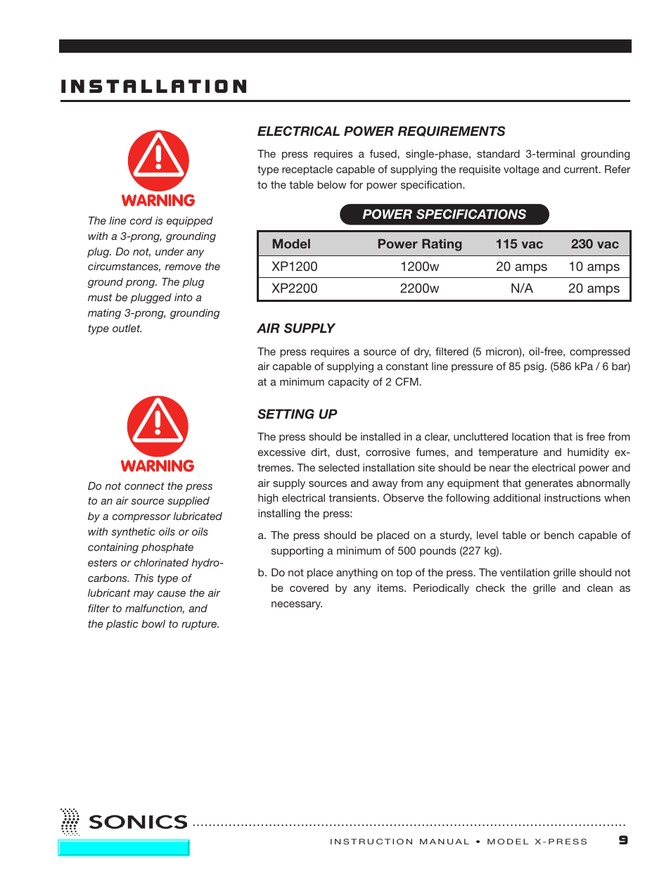 Installation, Electrical power requirements, Air supply | Setting up, Electrical power requirements air supply | Sonics X-Press Integrated Welder User Manual | Page 10 / 38