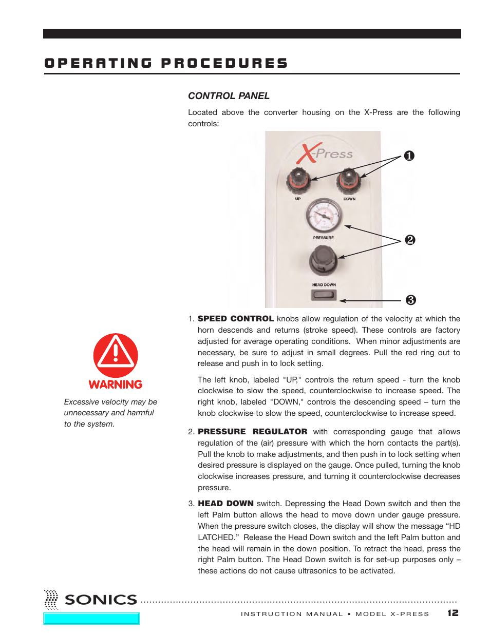 Operating procedures, Control panel | Sonics X-Press Integrated Welder User Manual | Page 13 / 38