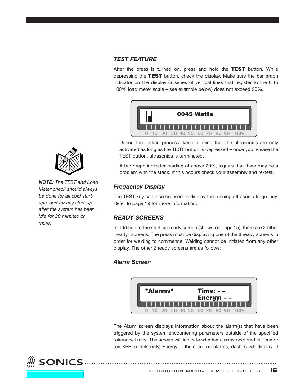 Test feature, Ready screens, When key | Sonics X-Press Integrated Welder User Manual | Page 17 / 38