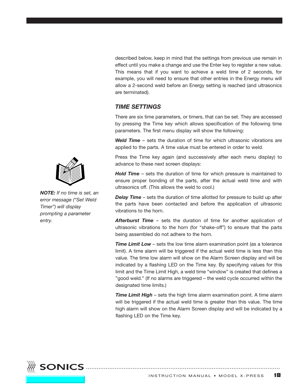 Time settings | Sonics X-Press Integrated Welder User Manual | Page 19 / 38