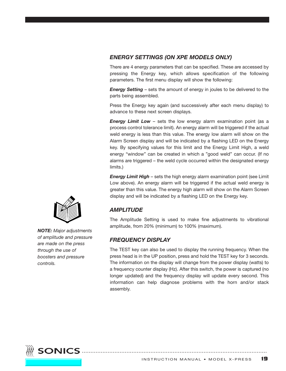 Energy settings, Amplitude, Frequency display | System’s hi | Sonics X-Press Integrated Welder User Manual | Page 20 / 38