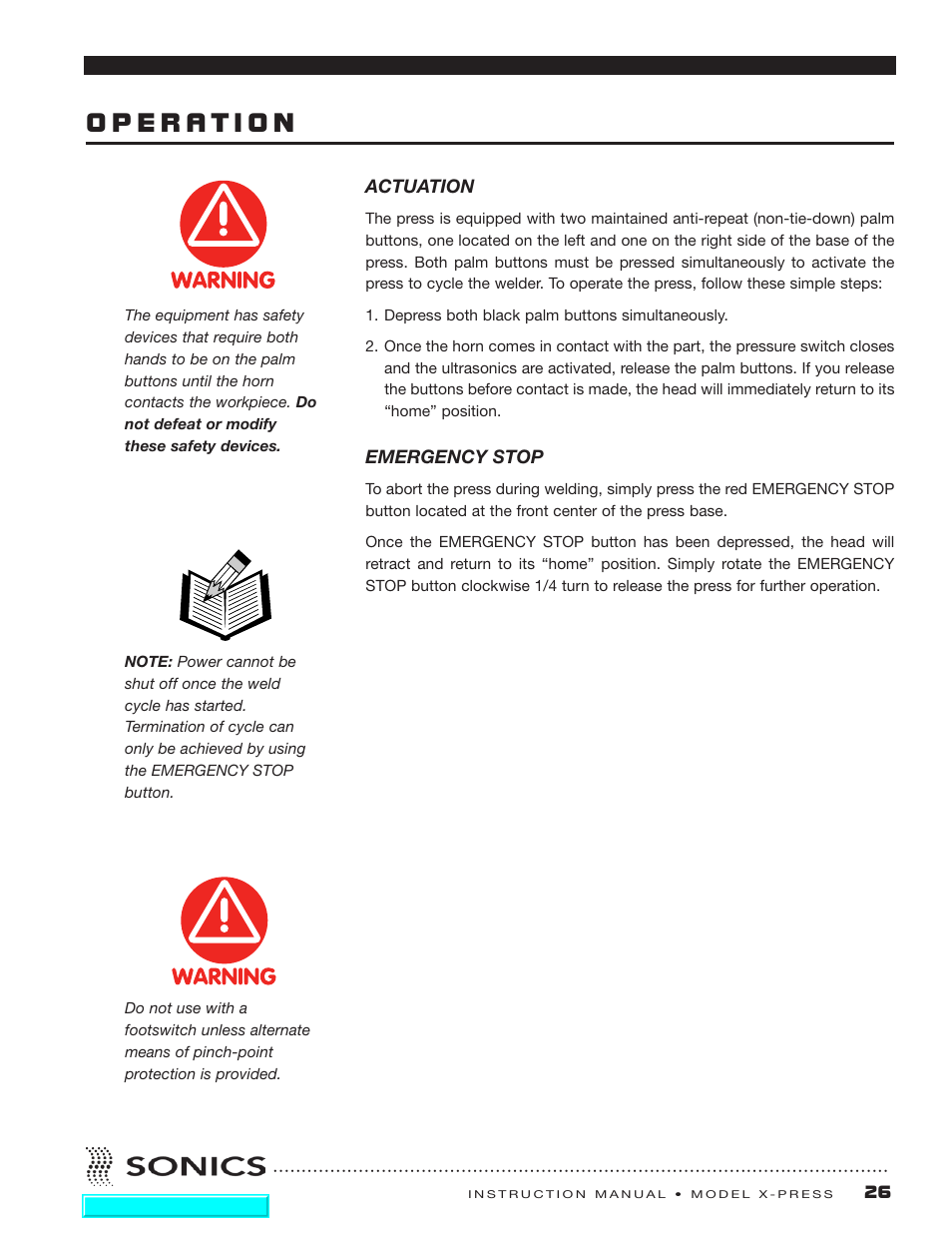 Operation, Actuation, Emergency stop | Actuation emergency stop | Sonics X-Press Integrated Welder User Manual | Page 27 / 38