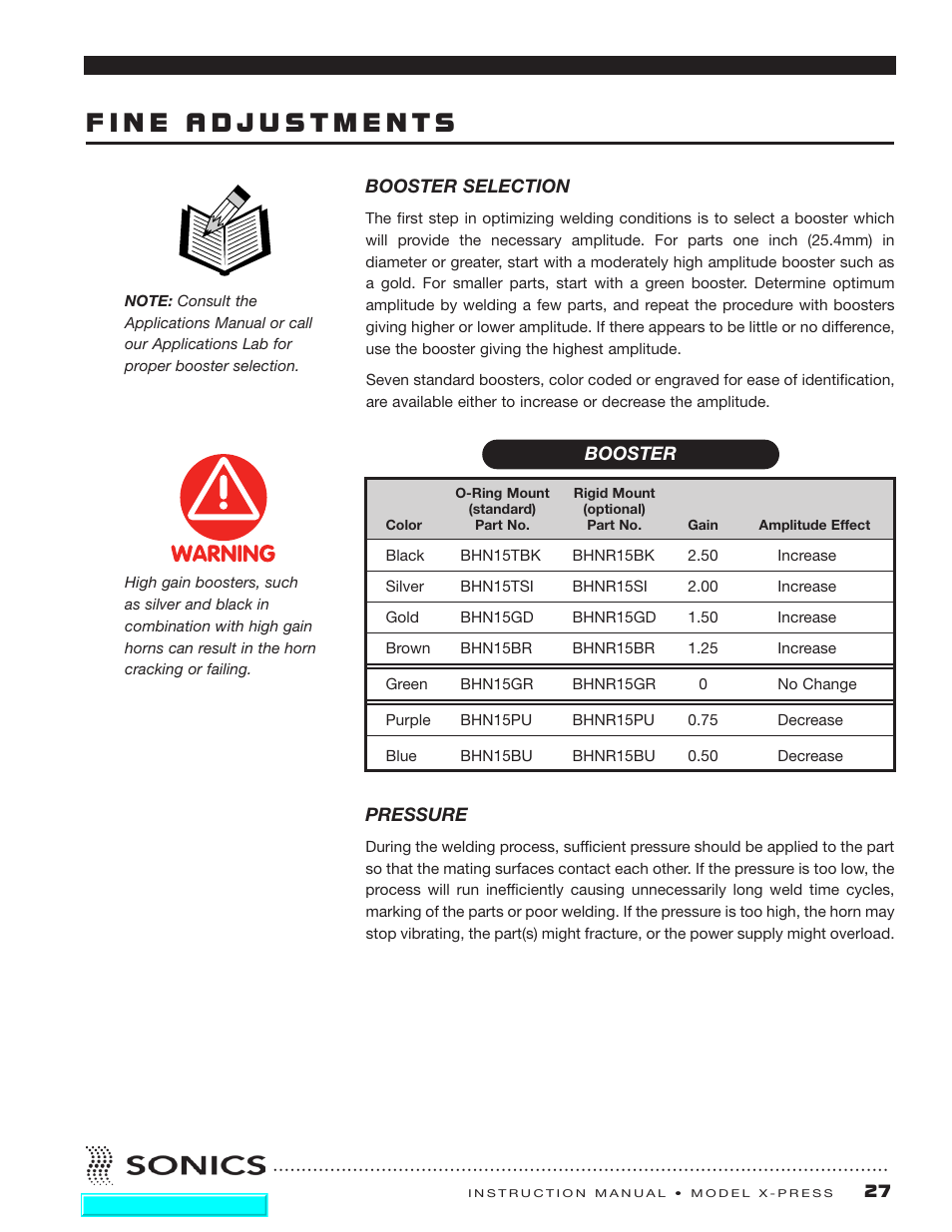 Fine adjustments, Booster selection, Pressure | Booster selection pressure, Ustments of | Sonics X-Press Integrated Welder User Manual | Page 28 / 38