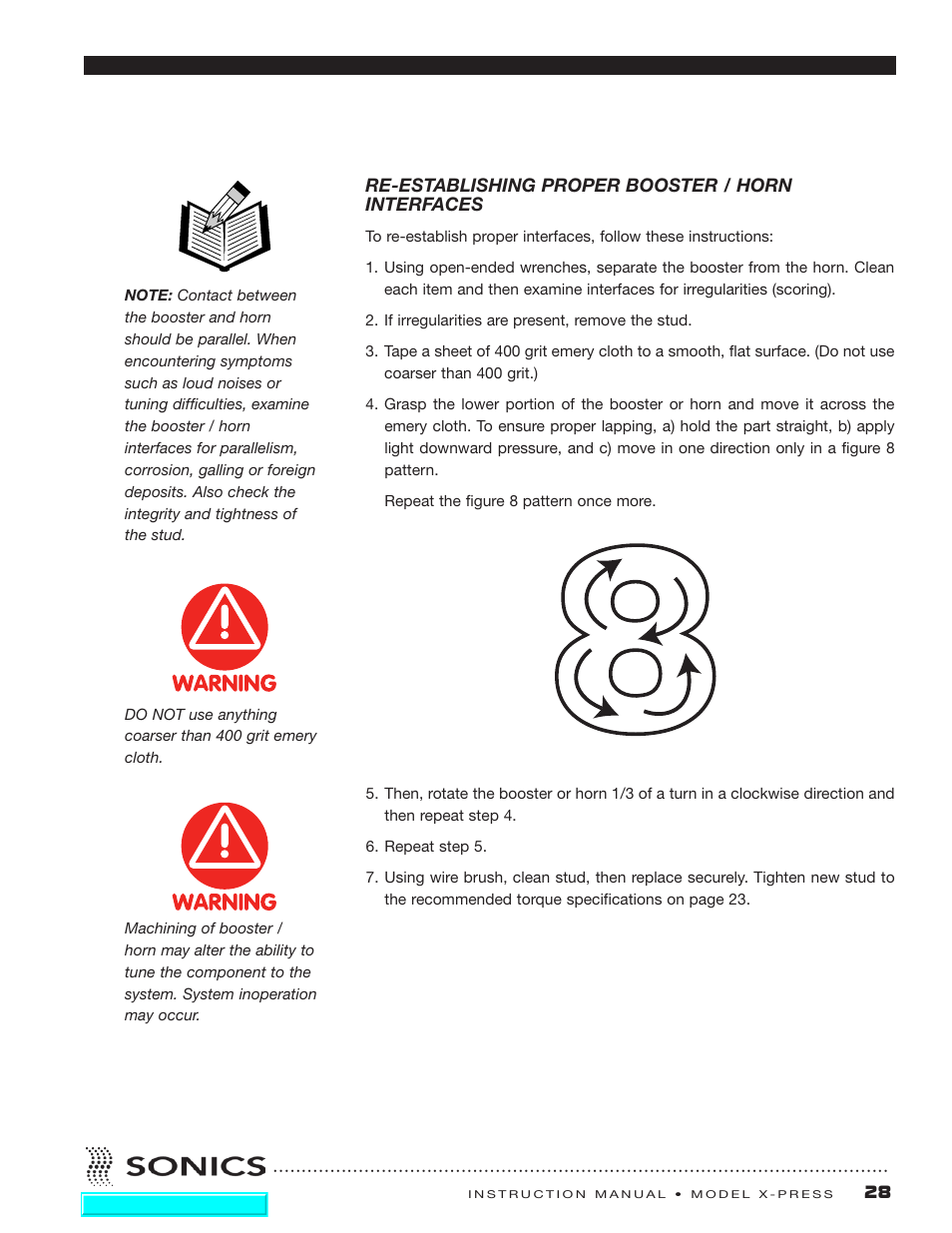 Re-establishing proper booster / horn interfaces, Re-establishing proper booster/horn interfaces | Sonics X-Press Integrated Welder User Manual | Page 29 / 38