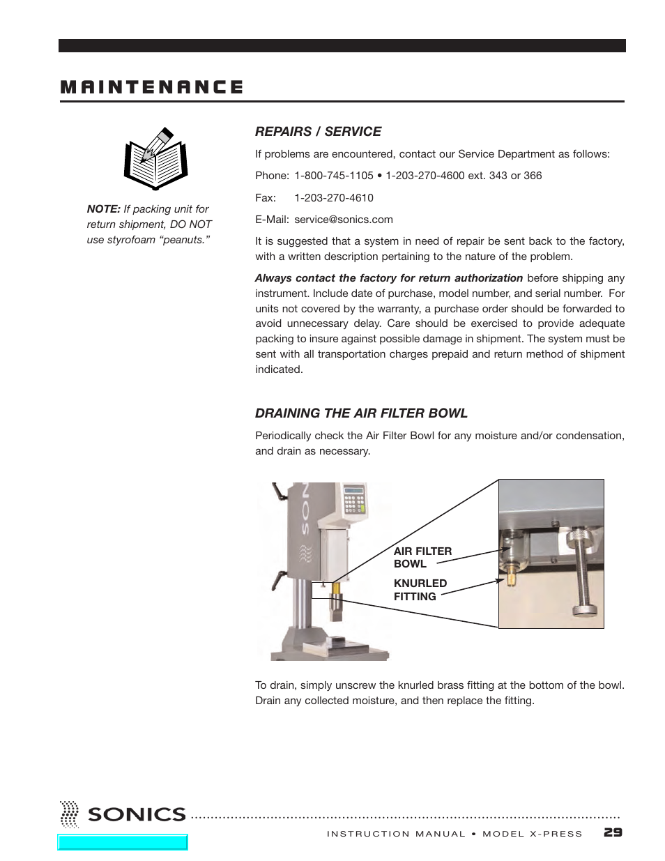 Maintenance, Repairs / service, Draining the air filter bowl | Repairs / service draining the air filter bowl | Sonics X-Press Integrated Welder User Manual | Page 30 / 38