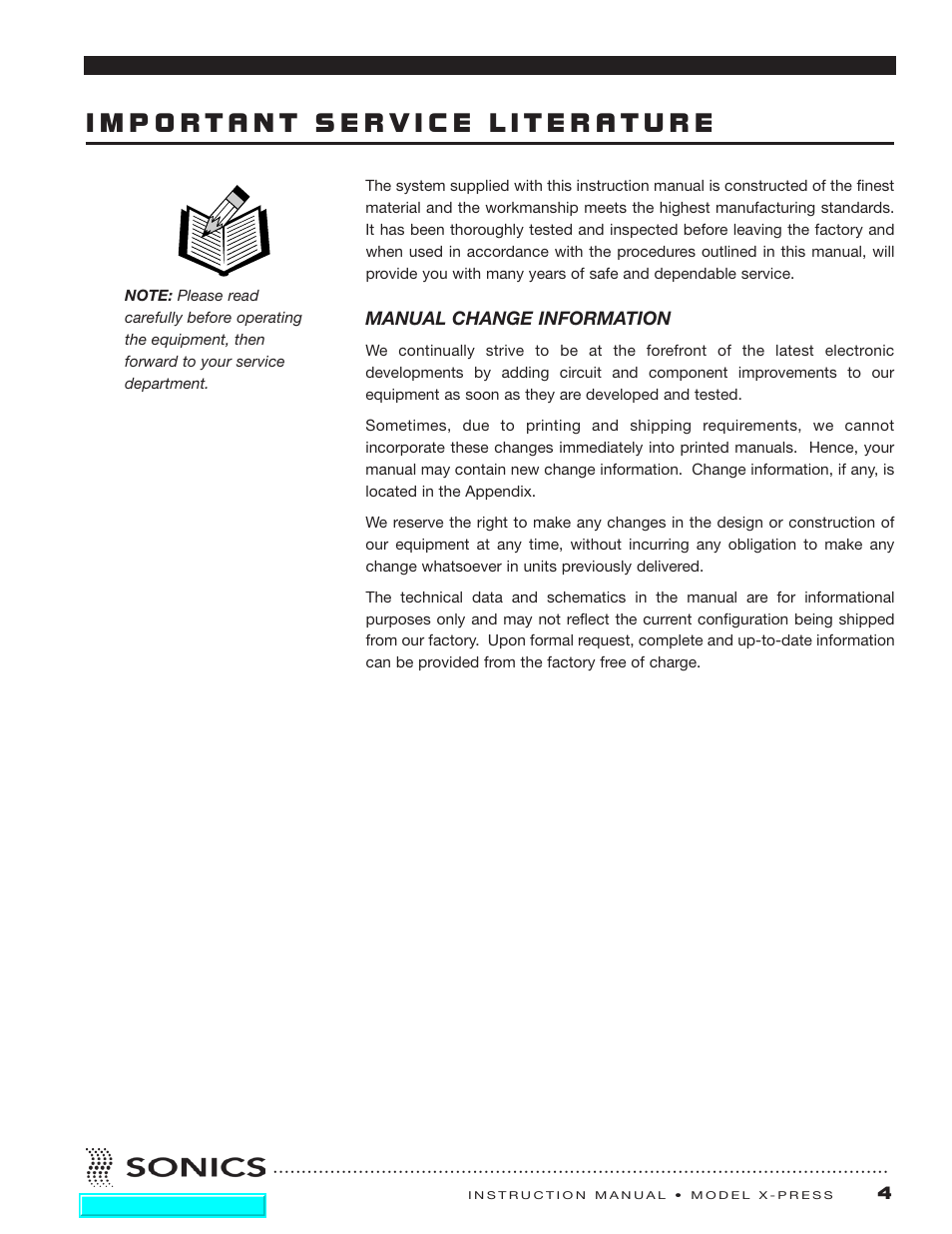 Important service literature, Manual change information | Sonics X-Press Integrated Welder User Manual | Page 5 / 38