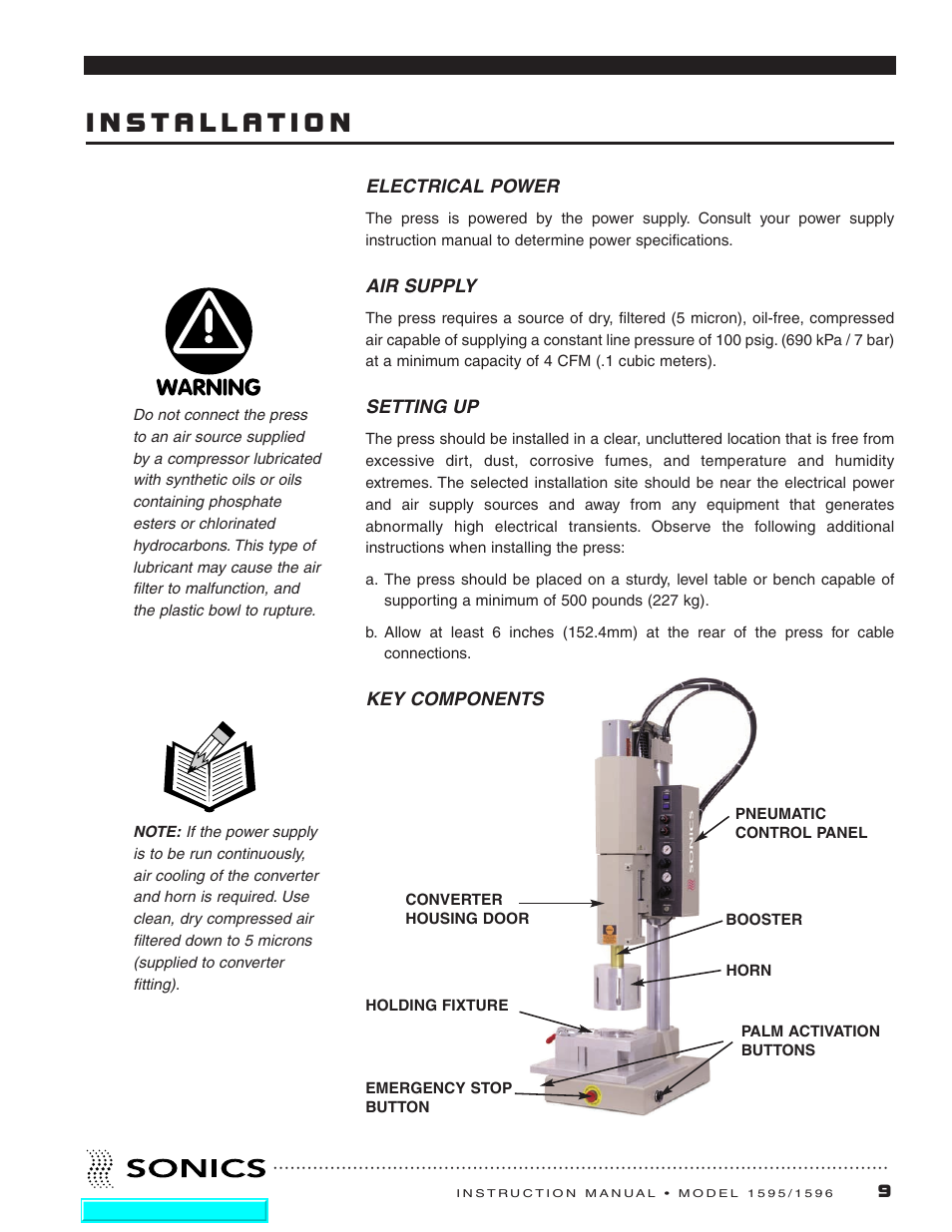 Installation, Electrical power, Air supply | Setting up, Electrical power air supply, Setting up key components | Sonics 1596 Actuator User Manual | Page 10 / 25