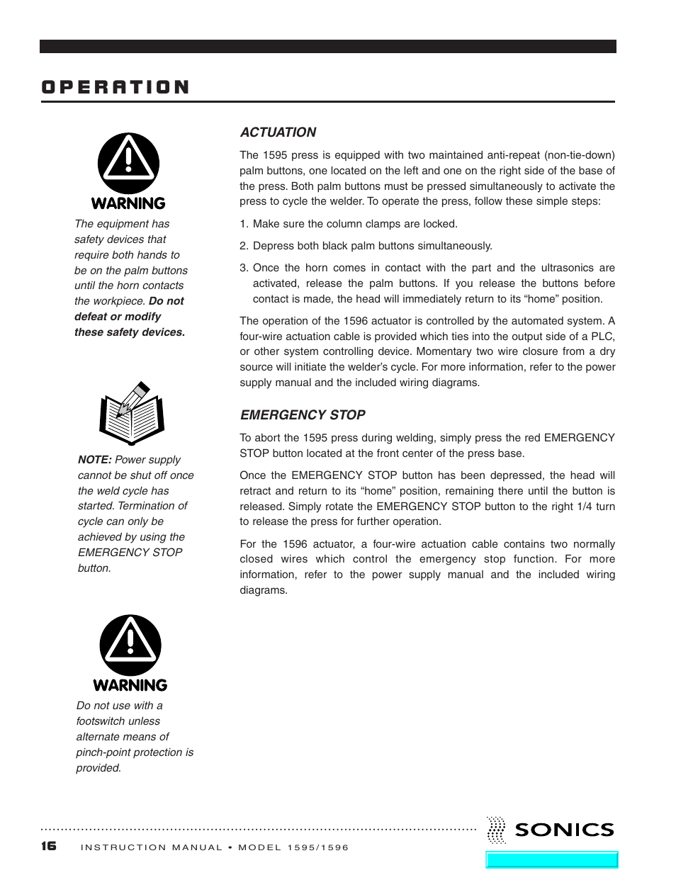 Operation, Actuation, Emergency stop | Actuation emergency stop | Sonics 1596 Actuator User Manual | Page 17 / 25