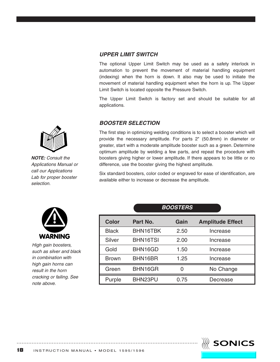 Upper limit switch, Booster selection, Upper limit switch booster selection | Sonics 1596 Actuator User Manual | Page 19 / 25