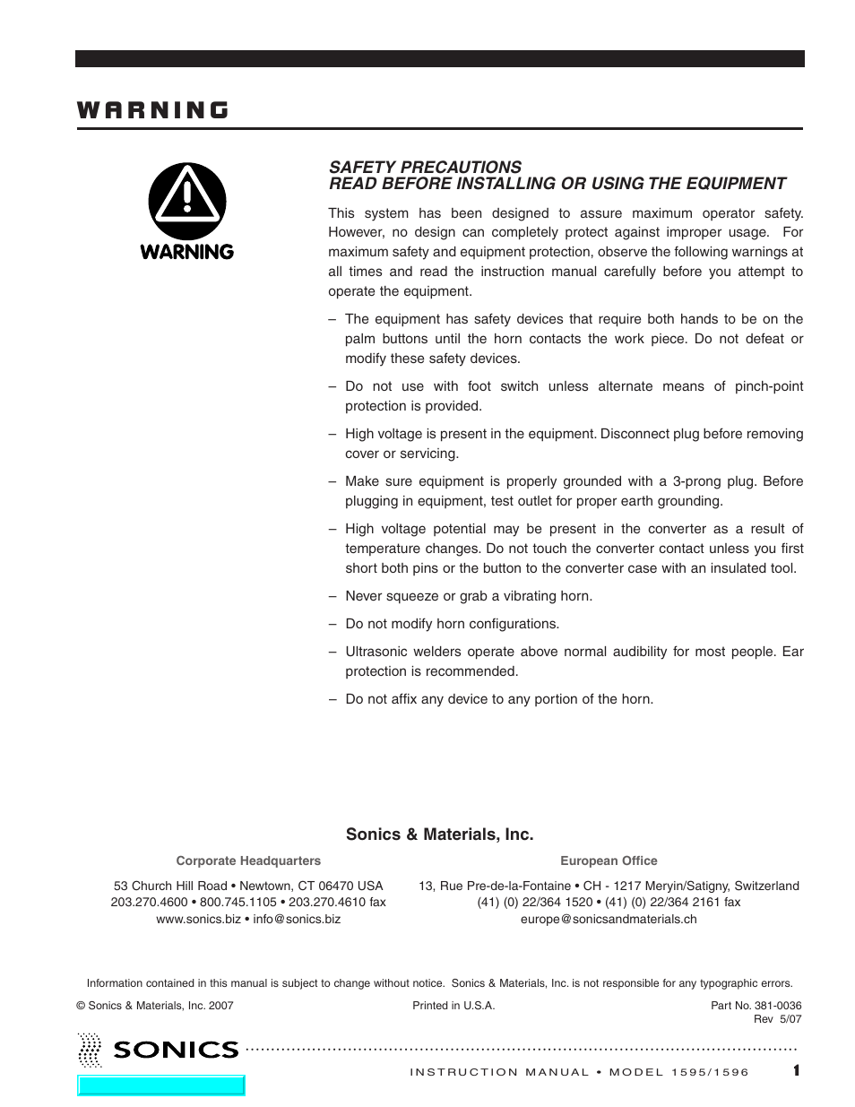 Warning, Safety precautions | Sonics 1596 Actuator User Manual | Page 2 / 25