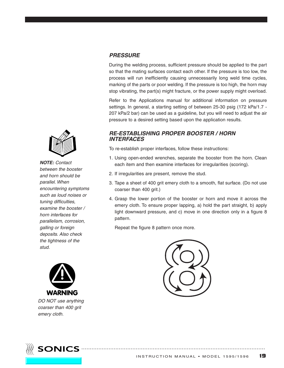 Pressure, Re-establishing proper booster / horn interfaces | Sonics 1596 Actuator User Manual | Page 20 / 25