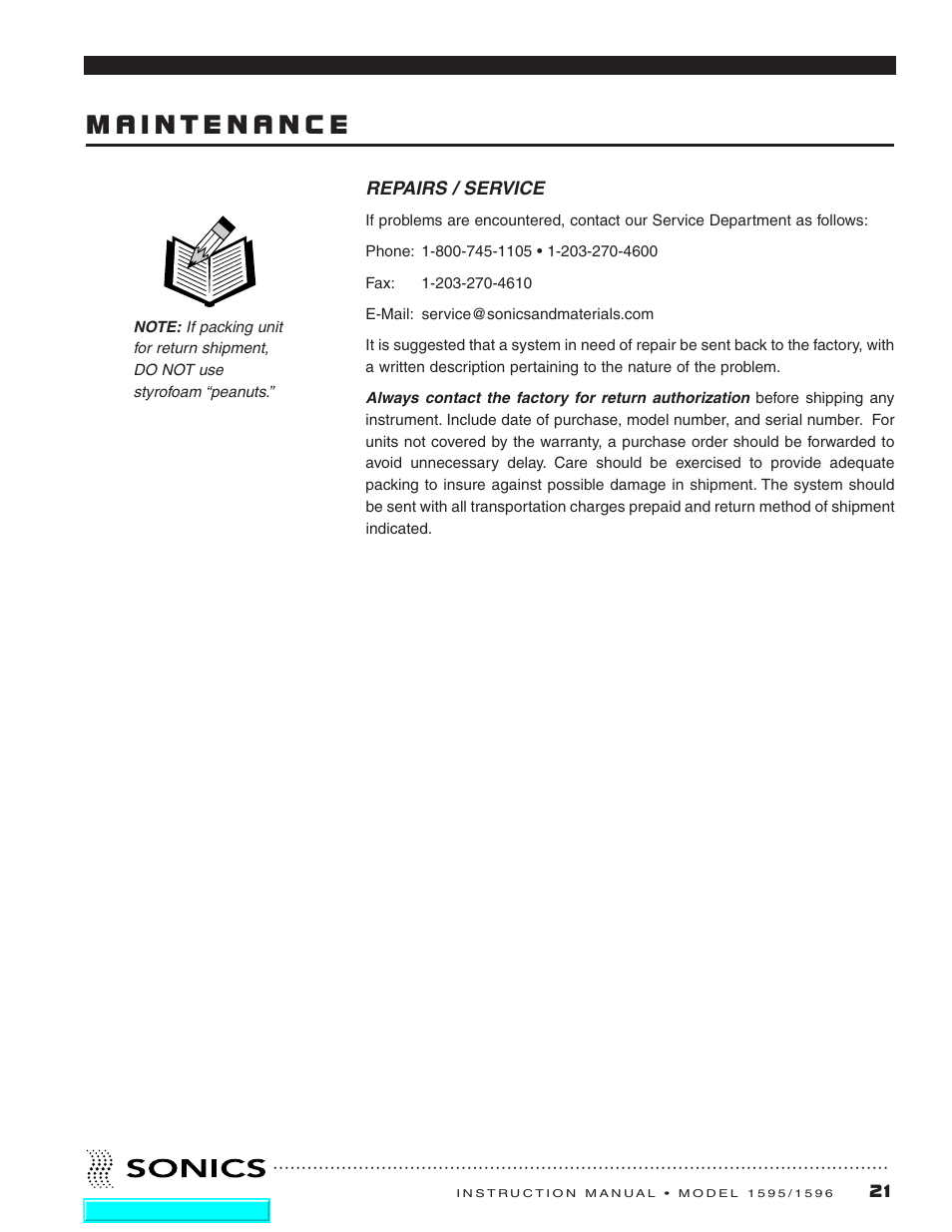 Maintenance, Repairs / service | Sonics 1596 Actuator User Manual | Page 22 / 25