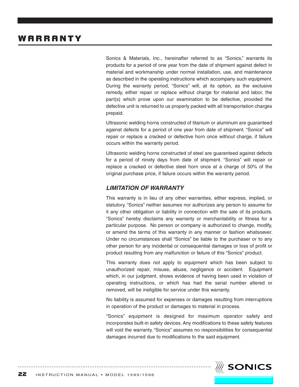 Warranty, Limitation of warranty | Sonics 1596 Actuator User Manual | Page 23 / 25