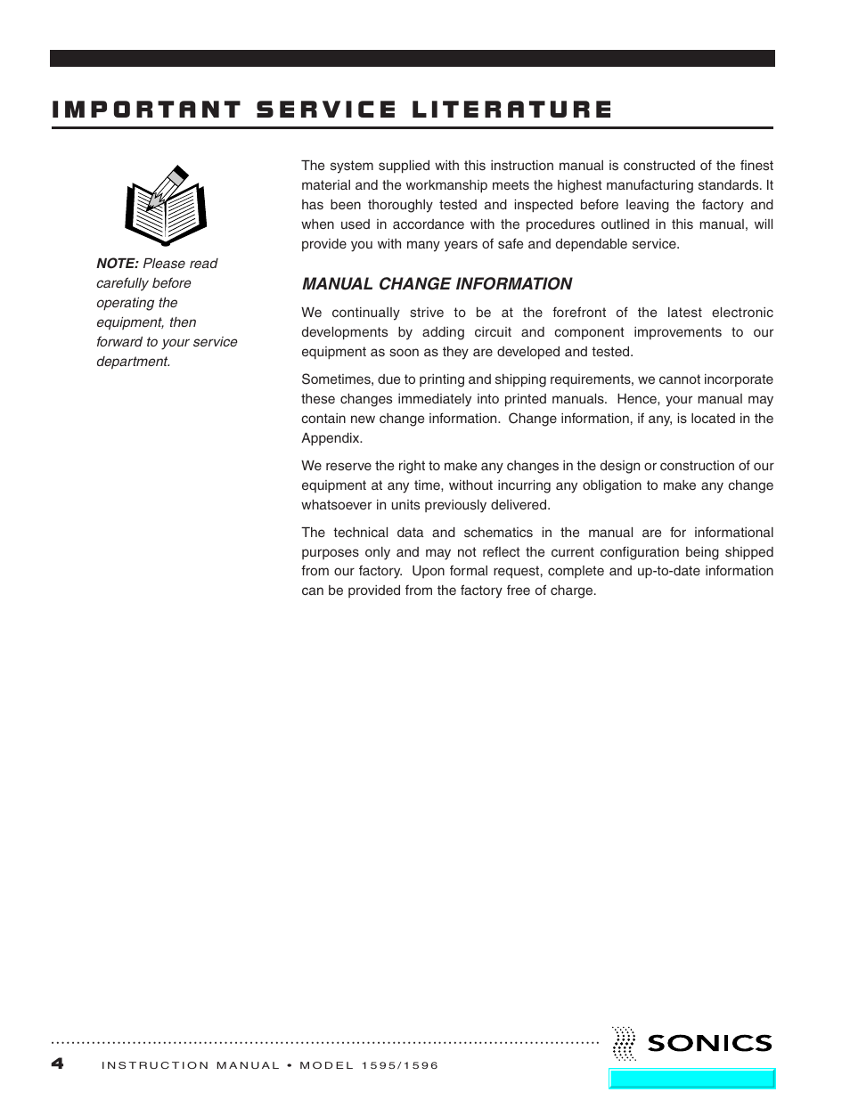 Important service literature, Manual change information | Sonics 1596 Actuator User Manual | Page 5 / 25