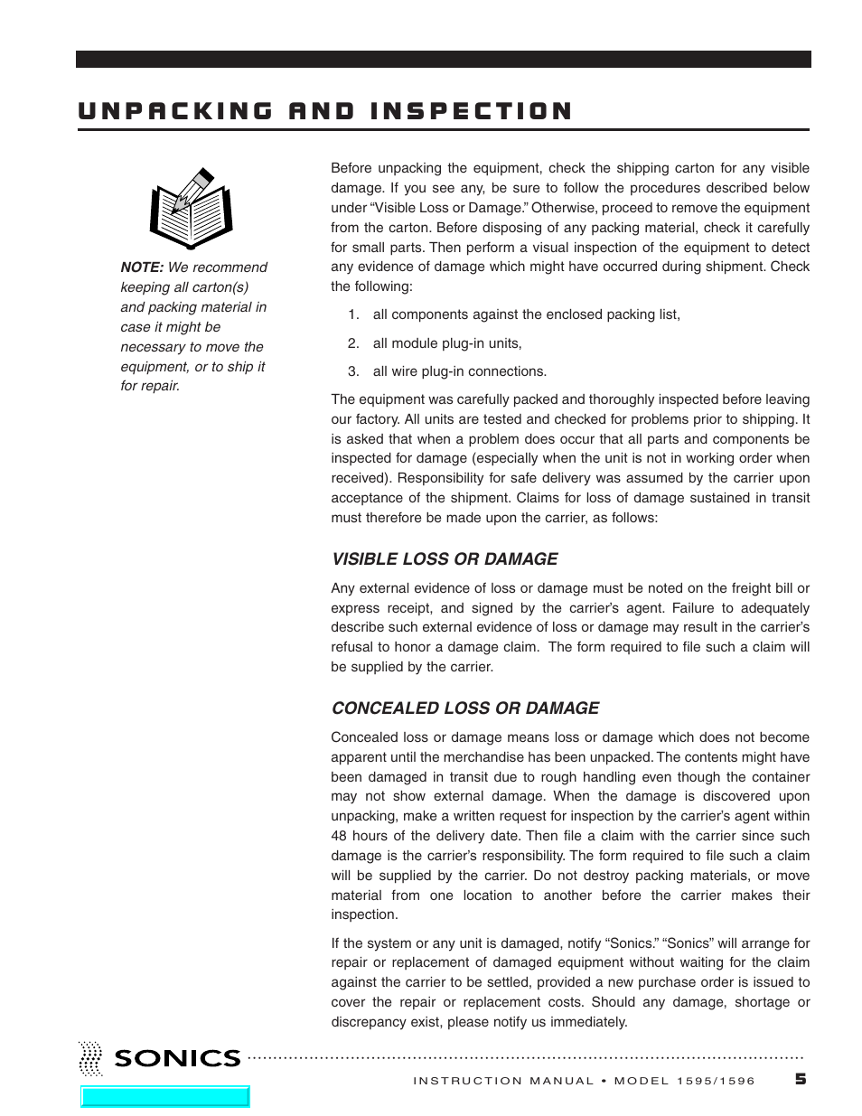 Unpacking and inspection, Visible loss or damage, Concealed loss or damage | Visible loss or damage concealed loss or damage | Sonics 1596 Actuator User Manual | Page 6 / 25